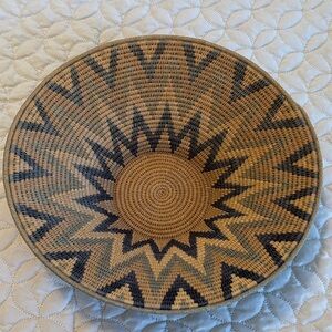 Hand Crafted African Coil Zigzag Pattern Basket in Tan and Blues Vintage?